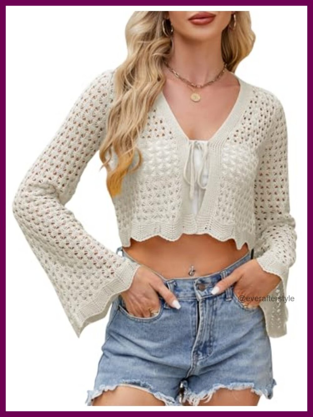 Crochet Tie Front Cardigan Cropped Knit Bolero Bell Sleeve Women Boho